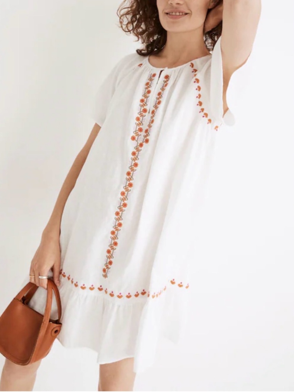 Madewell White‎ Embroidered Linen-Blend Raglan Ruffle Mini Dress Size S